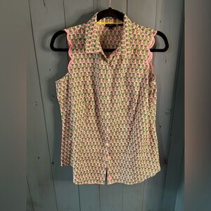 Talbots Pink Sleeveless Pineapple-Print Scallop Collar Shell - Size 6